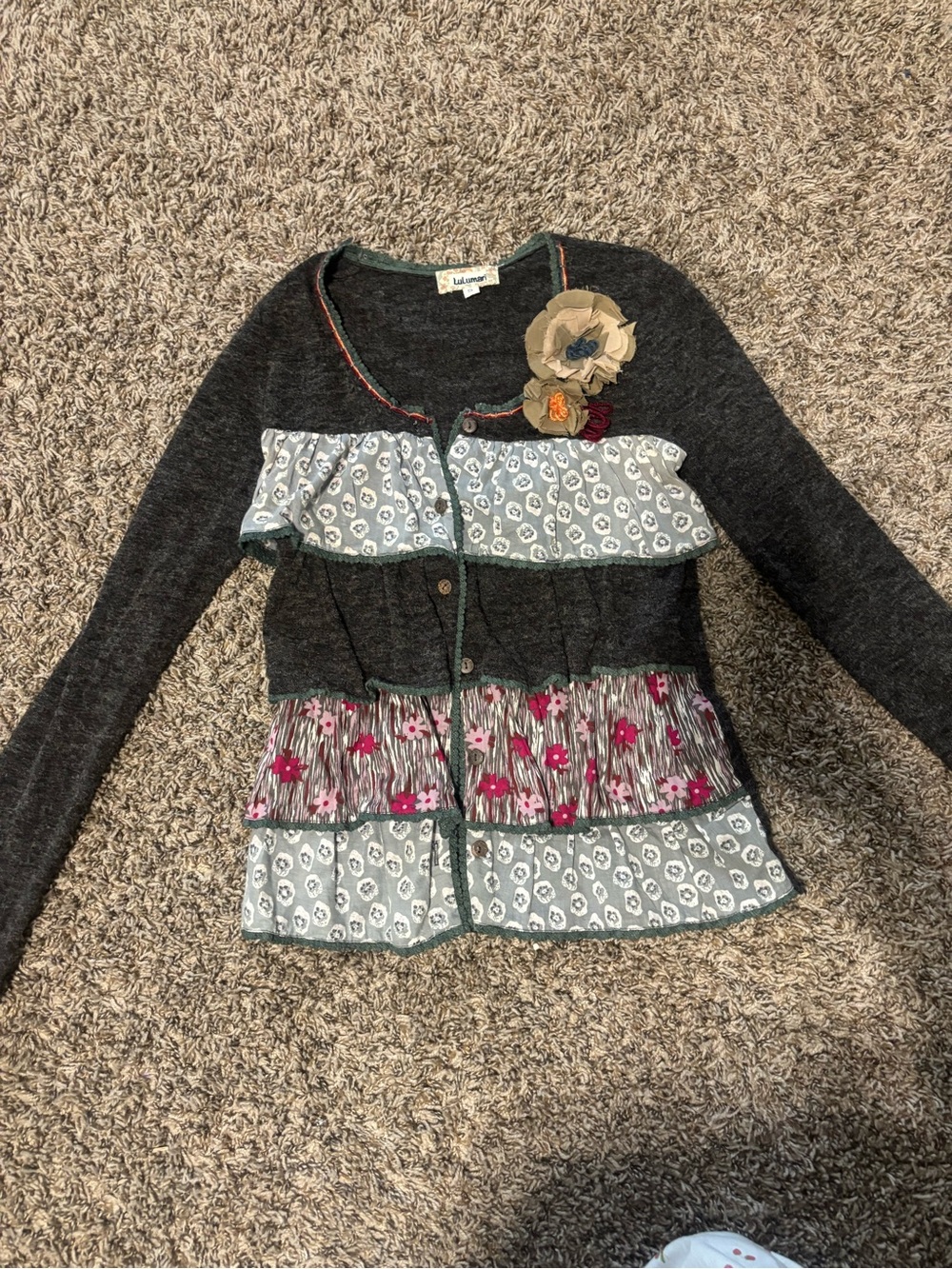 Layered Floral Ruffle Womens Cardigan - Gray with Pink Accents